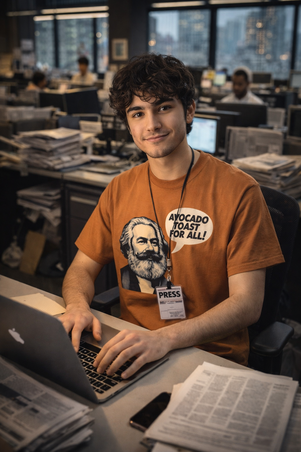 Man sitting at a desk wearing brown Avocado Toast Warrior T Shirt with graphic print in an office setting.