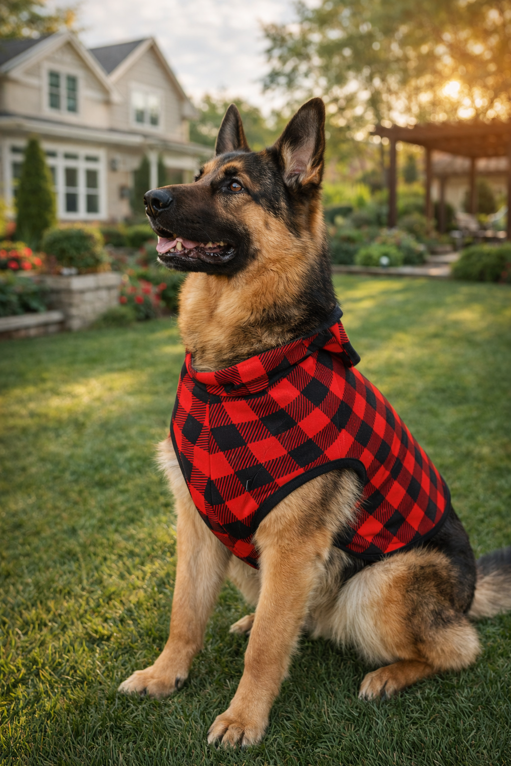 German Shepherd wearing a red plaid dog coat sitting on grass with a house and garden in the background