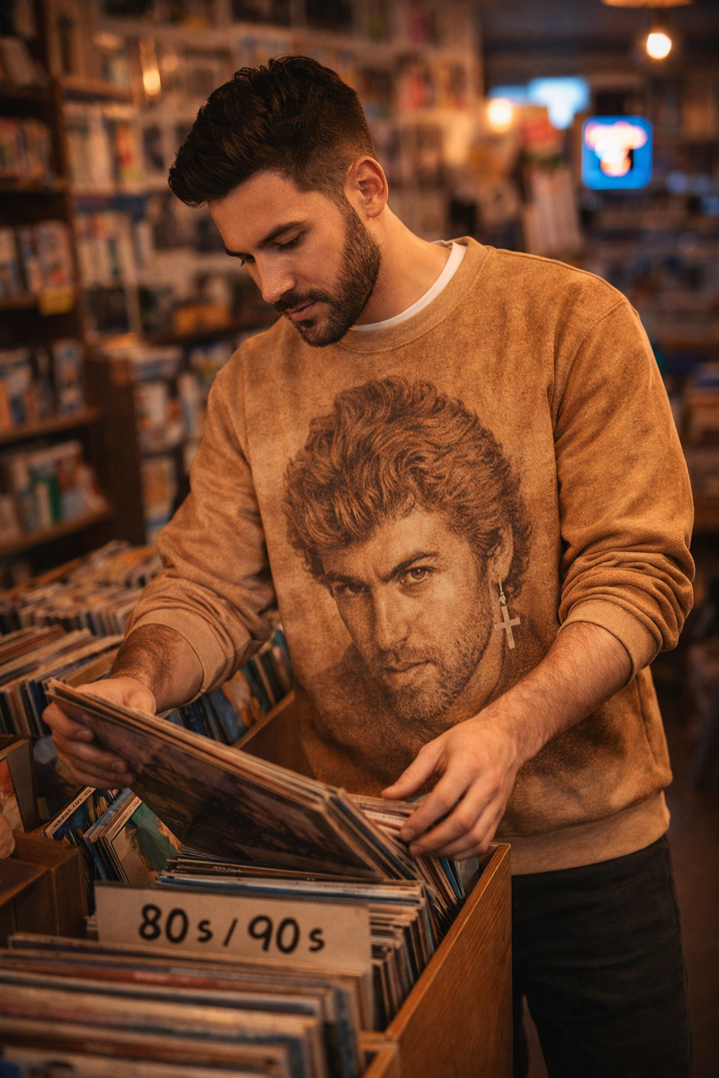 Man browsing vinyl records while wearing George Michael portrait unisex sweatshirt in warm sepia tone