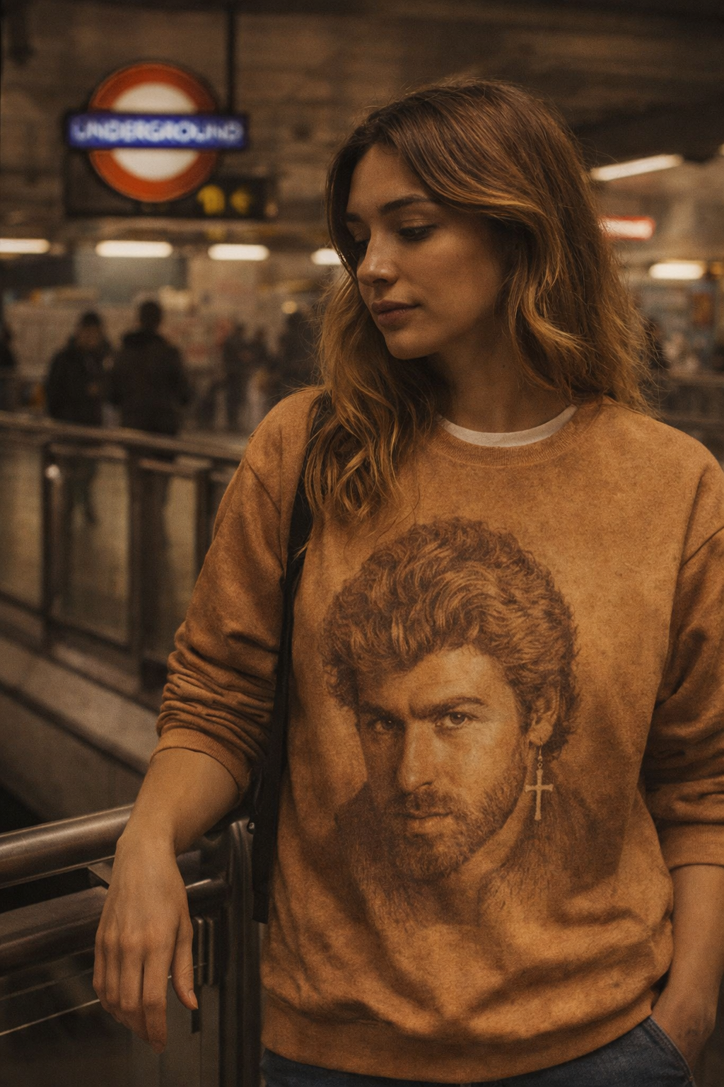 Woman wearing George Michael portrait unisex sweatshirt in an urban transit setting