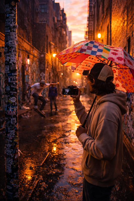 Person filming in a rainy city alley while holding Blossom Quilt semi automatic floral umbrella