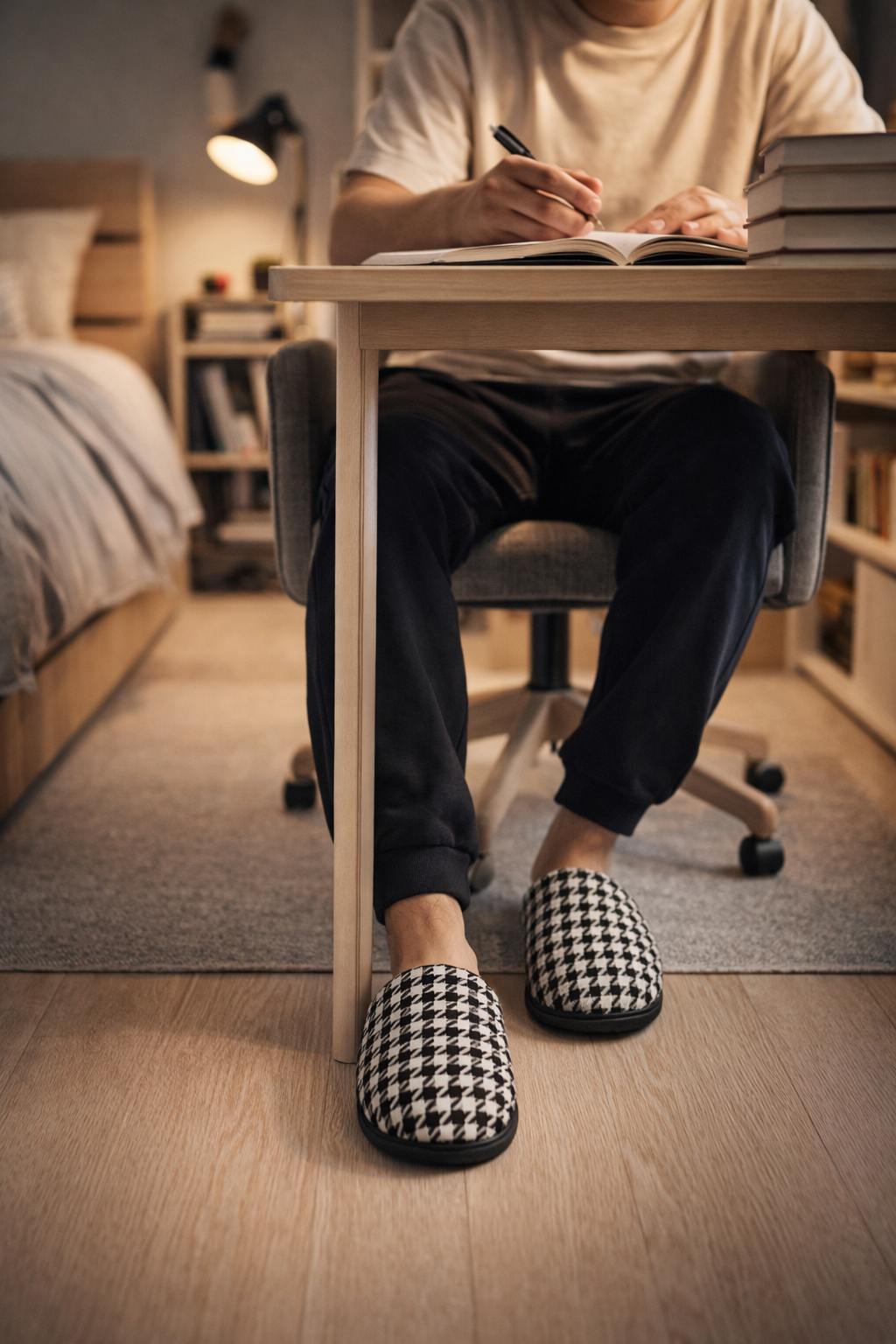 Pied de Poule Men’s Slippers worn at desk in cozy home office