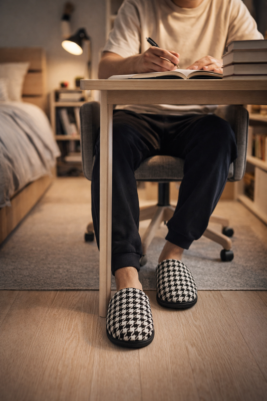 Pied de Poule Men’s Slippers worn at desk in cozy home office