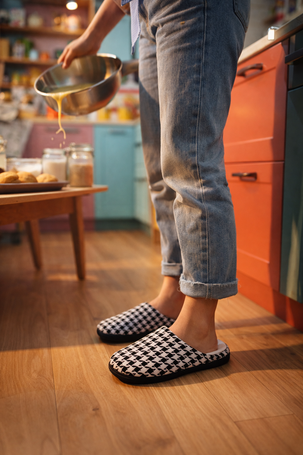 Woman wearing Pied de Poule slip on slippers while standing indoors on a wooden floor
