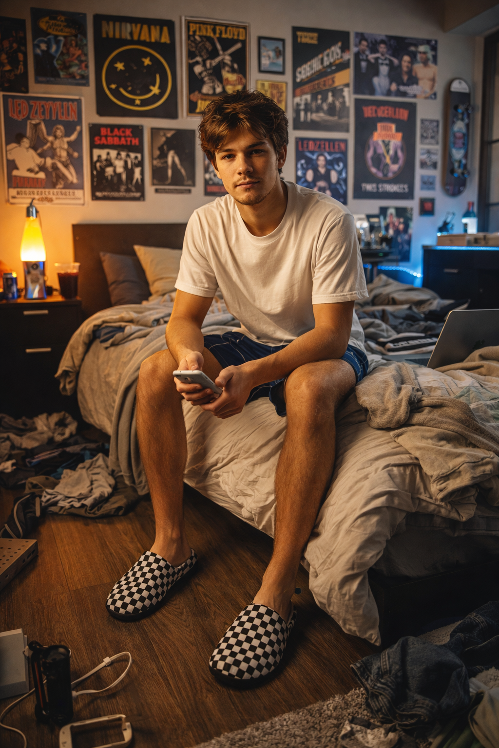 Checkmate Comfort Men’s Slippers worn by model sitting on bed