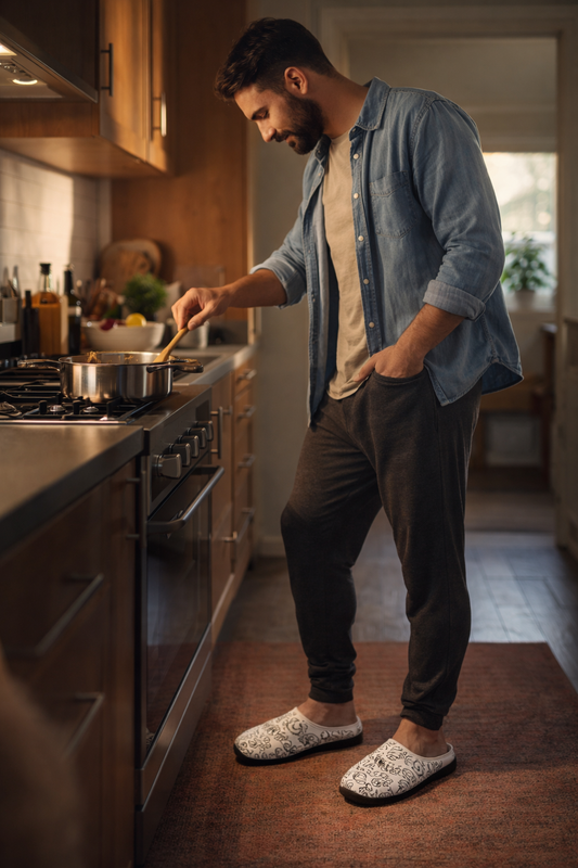 Dribbles Men’s Slippers worn by man cooking in kitchen