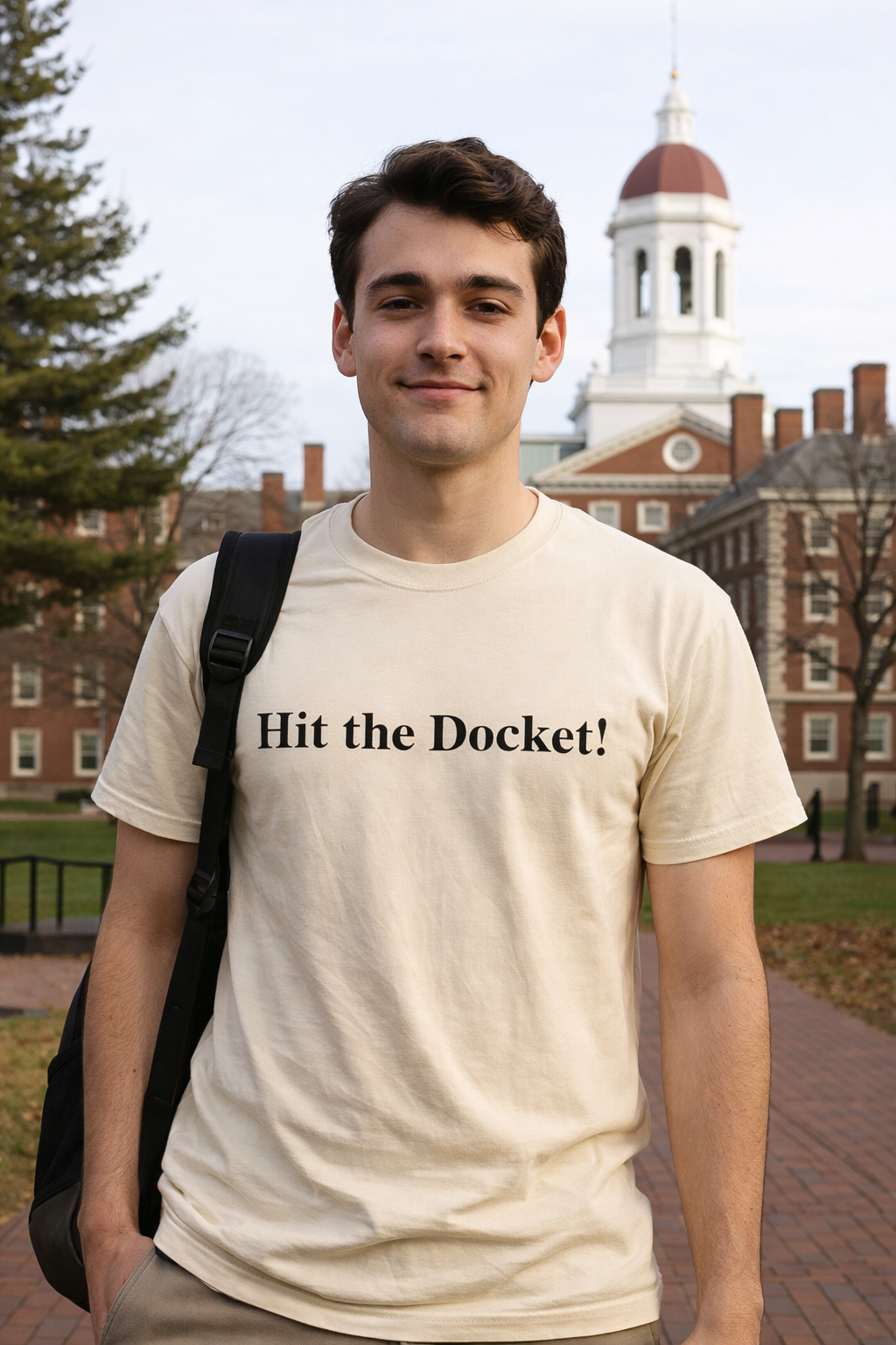 Young man standing on a college campus wearing a cream colored tee reading “Hit the Docket!”