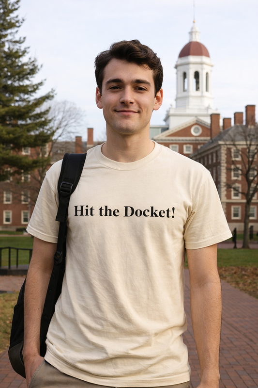 Young man standing on a college campus wearing a cream colored tee reading “Hit the Docket!”