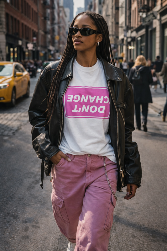 Woman walking on a city street wearing a  white t-shirt with pink text upside down that reads Don't Change, and pink pants.