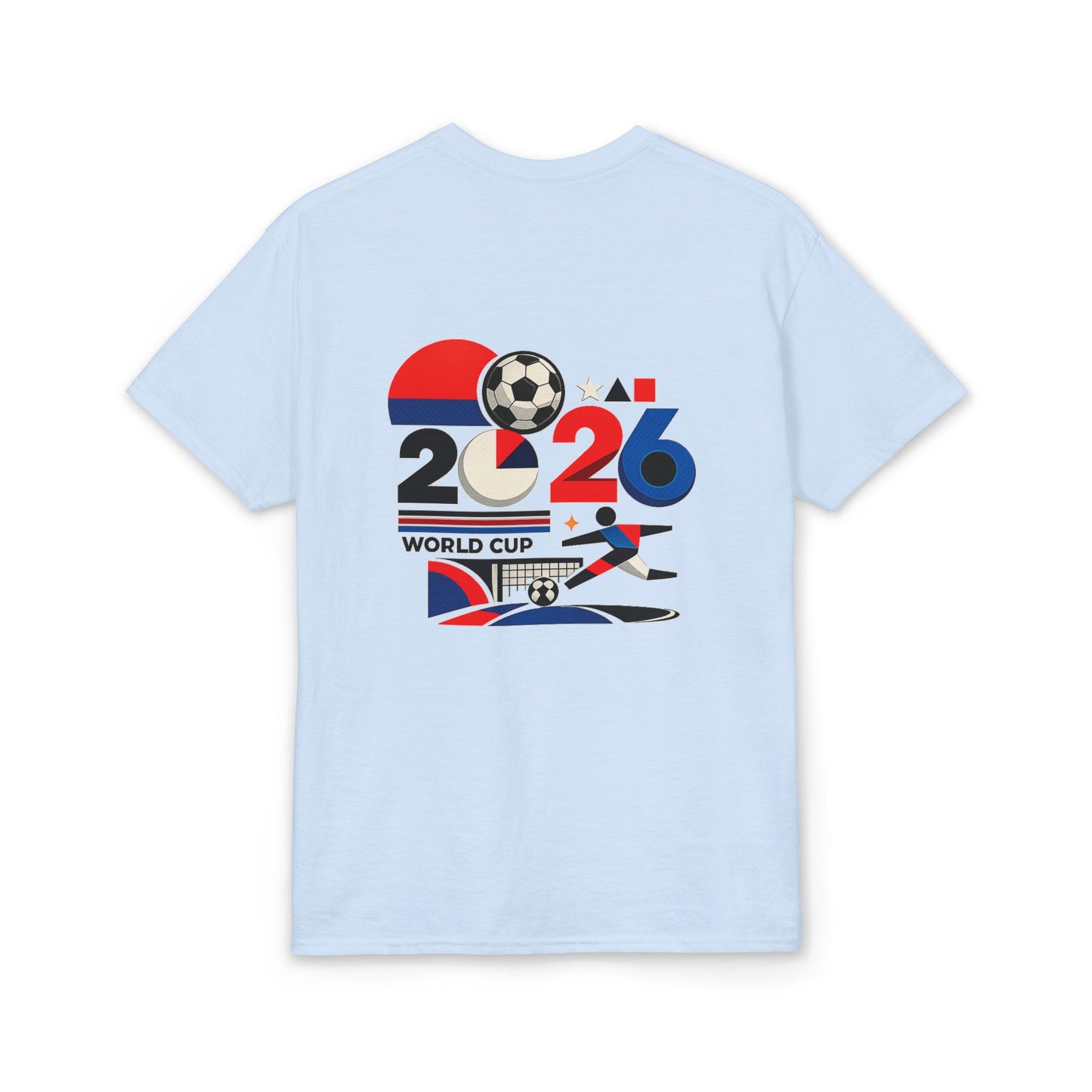Front view of the light blue 2026 World Cup retro graphic football T-shirt.