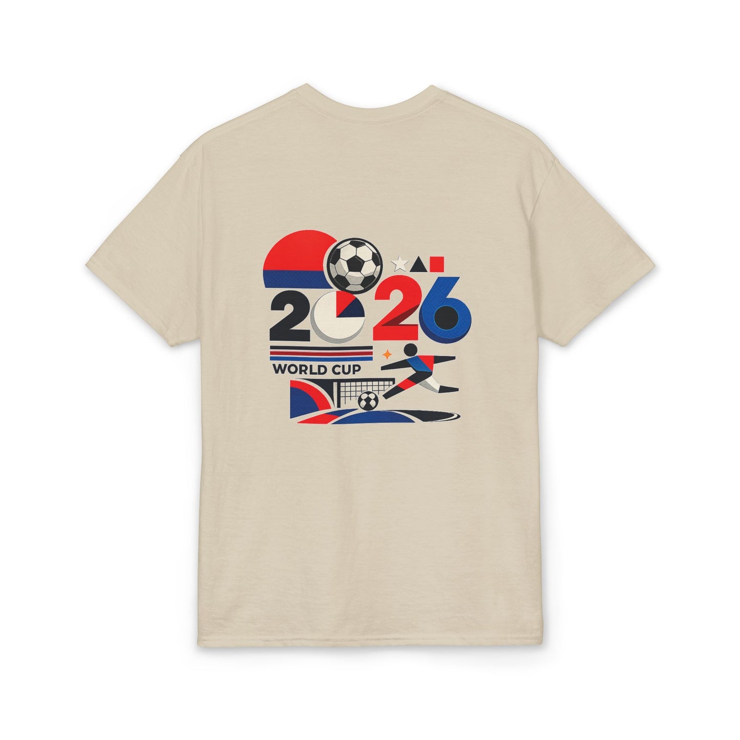 Front view of the sand-colored 2026 World Cup retro graphic football T-shirt.