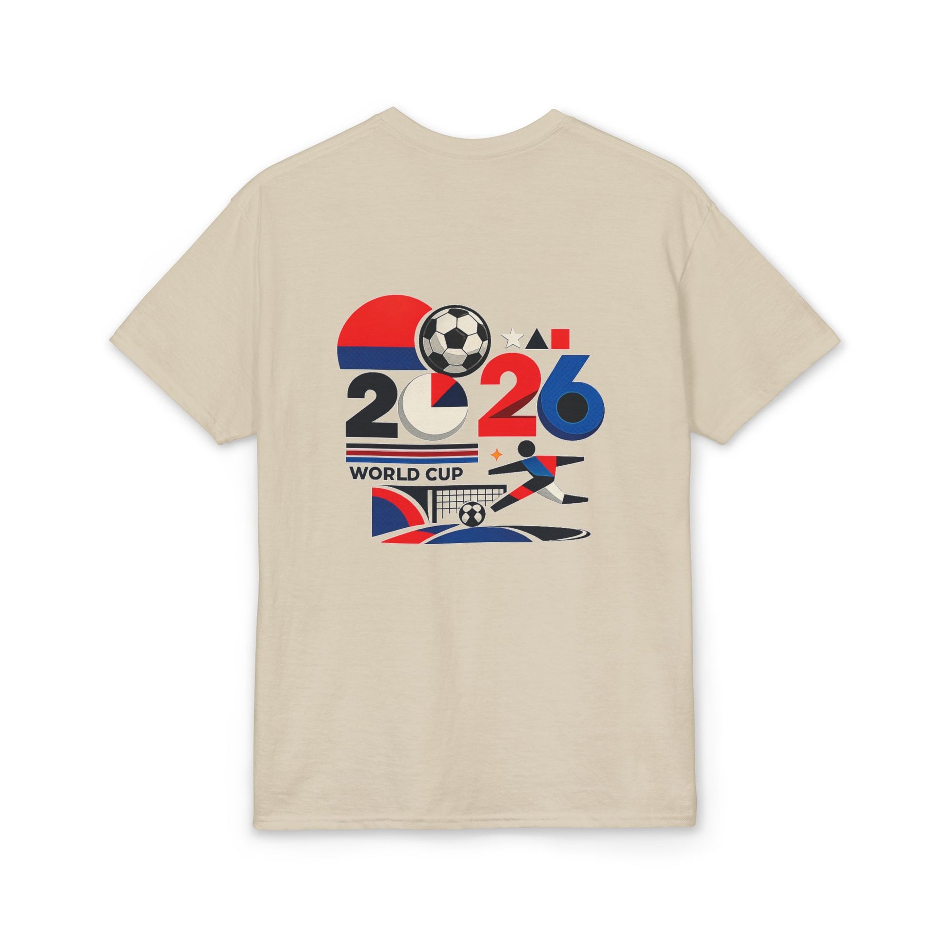 Front view of the sand-colored 2026 World Cup retro graphic football T-shirt.