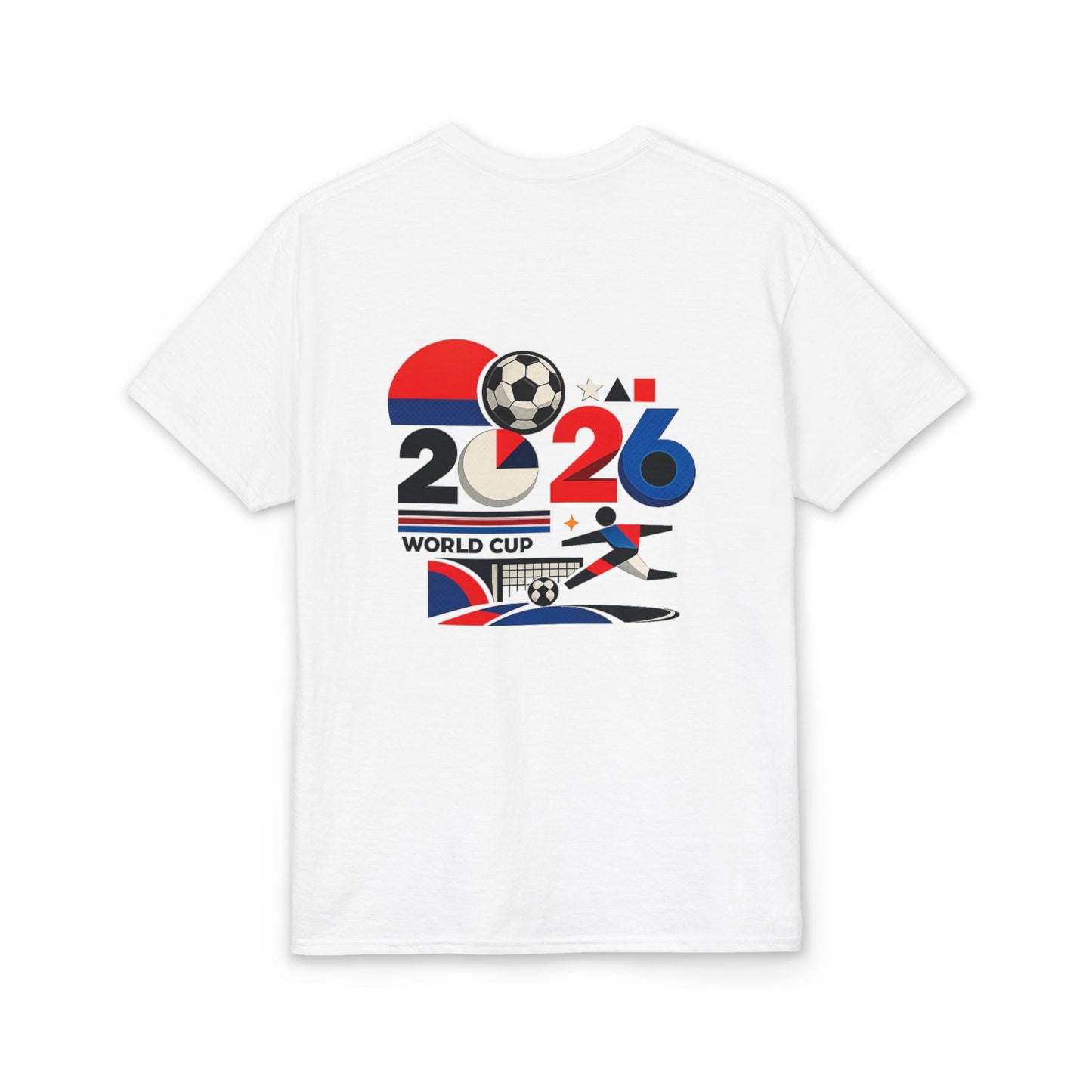 Front view of the white 2026 World Cup retro graphic football T-shirt