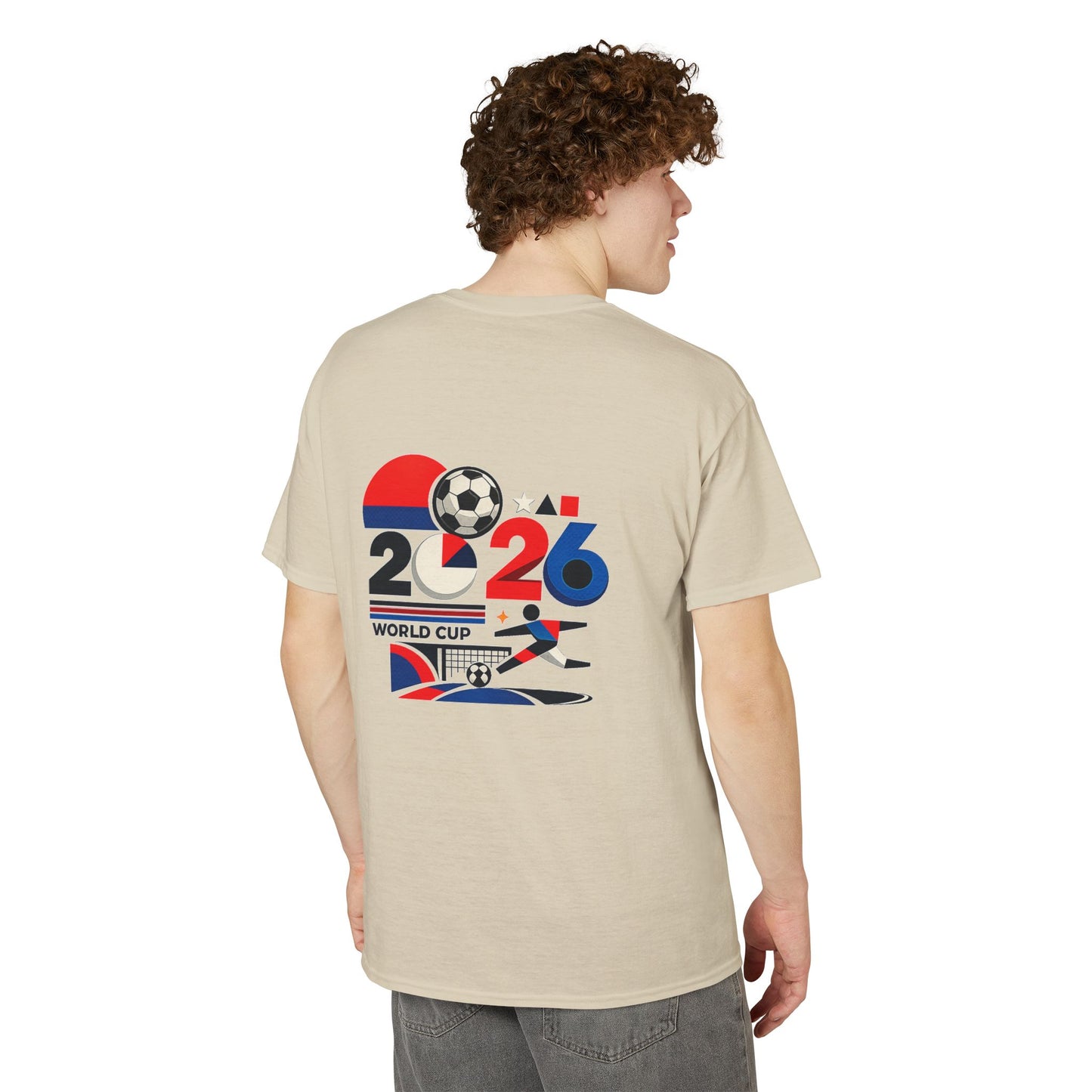 Male model wearing the sand-colored 2026 World Cup retro football T-shirt from the back.