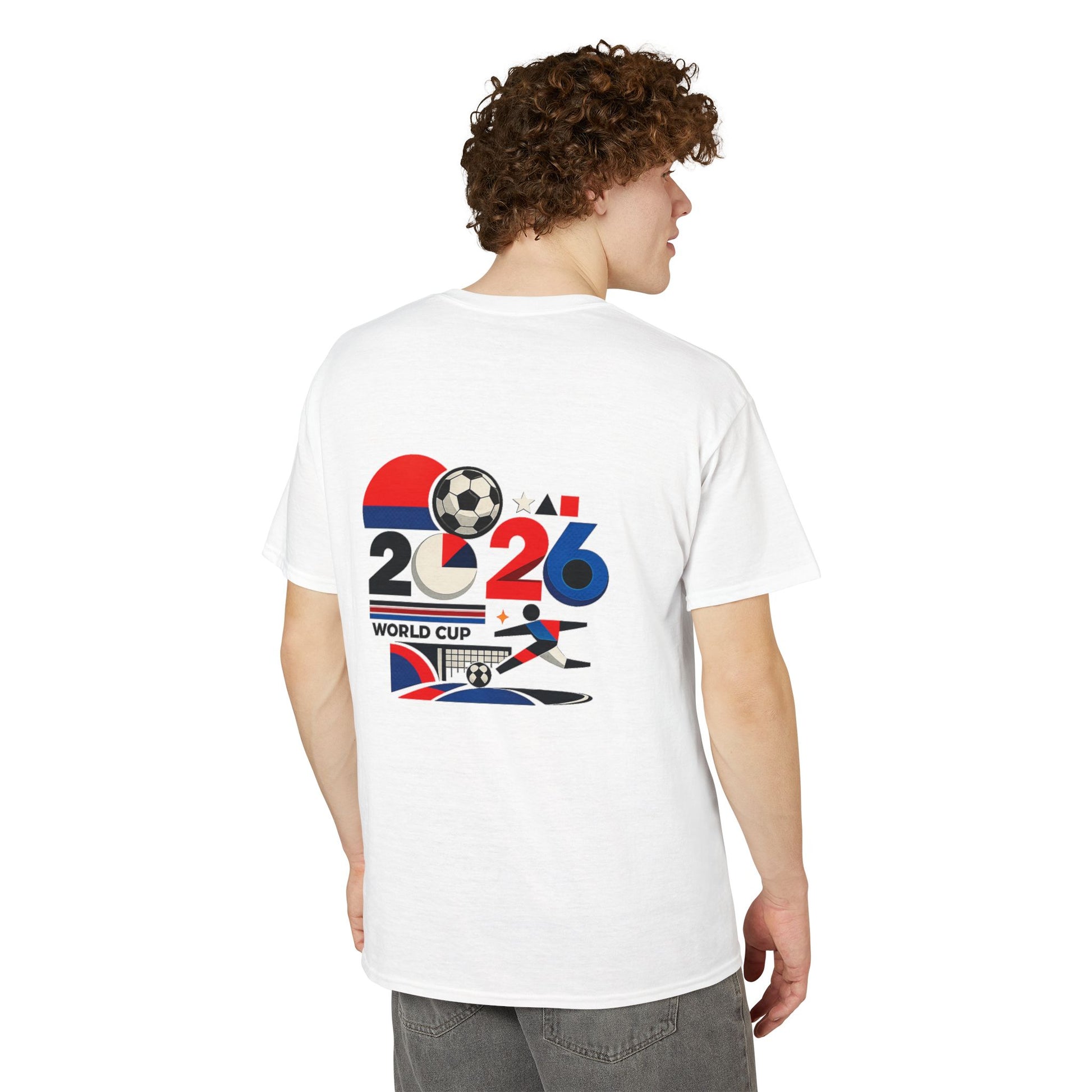 Male model wearing the white 2026 World Cup retro graphic football T-shirt from the back.