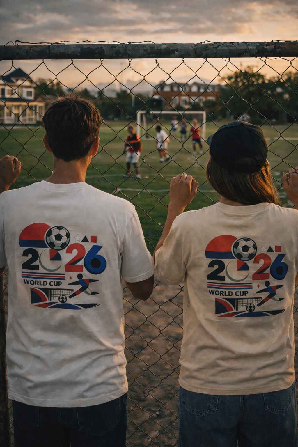 Two soccer fans wearing the 2026 World Cup retro graphic football T-shirt while watching a match from the sidelines.