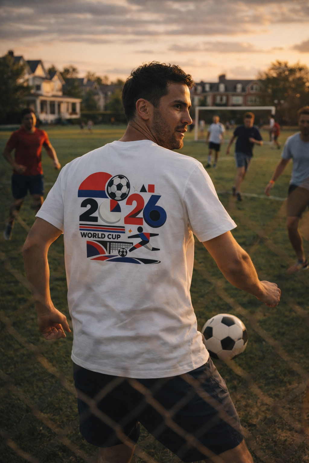 Lifestyle photo of the 2026 World Cup soccer graphic T-shirt during a casual soccer game.