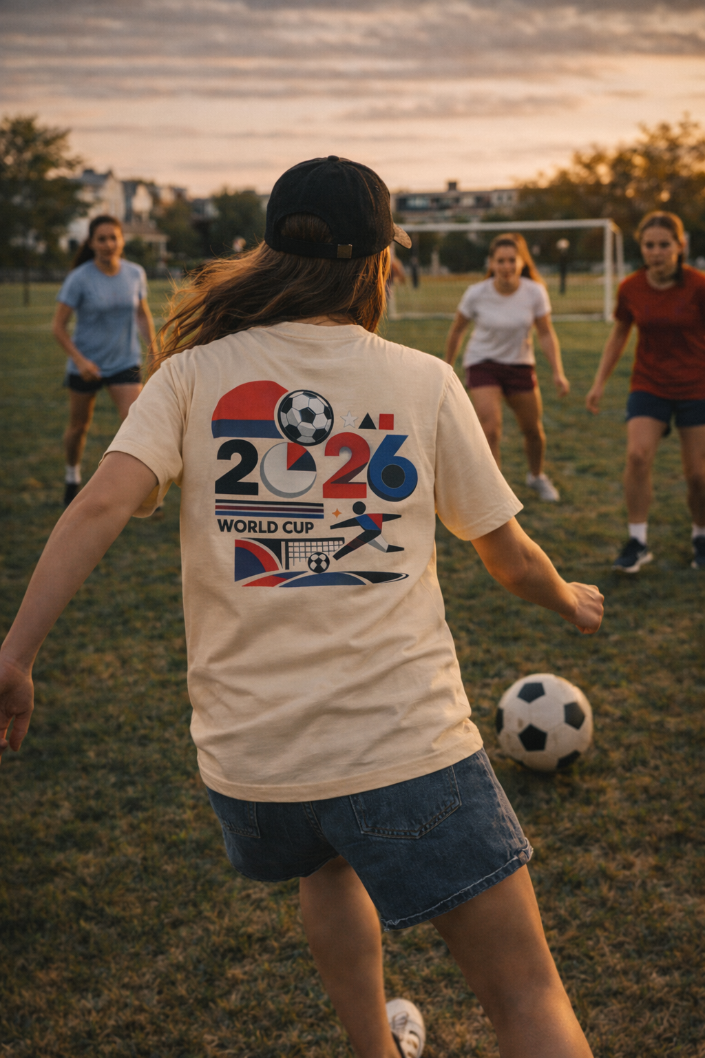 Person wearing the 2026 World Cup retro football T-shirt while playing soccer outdoors.