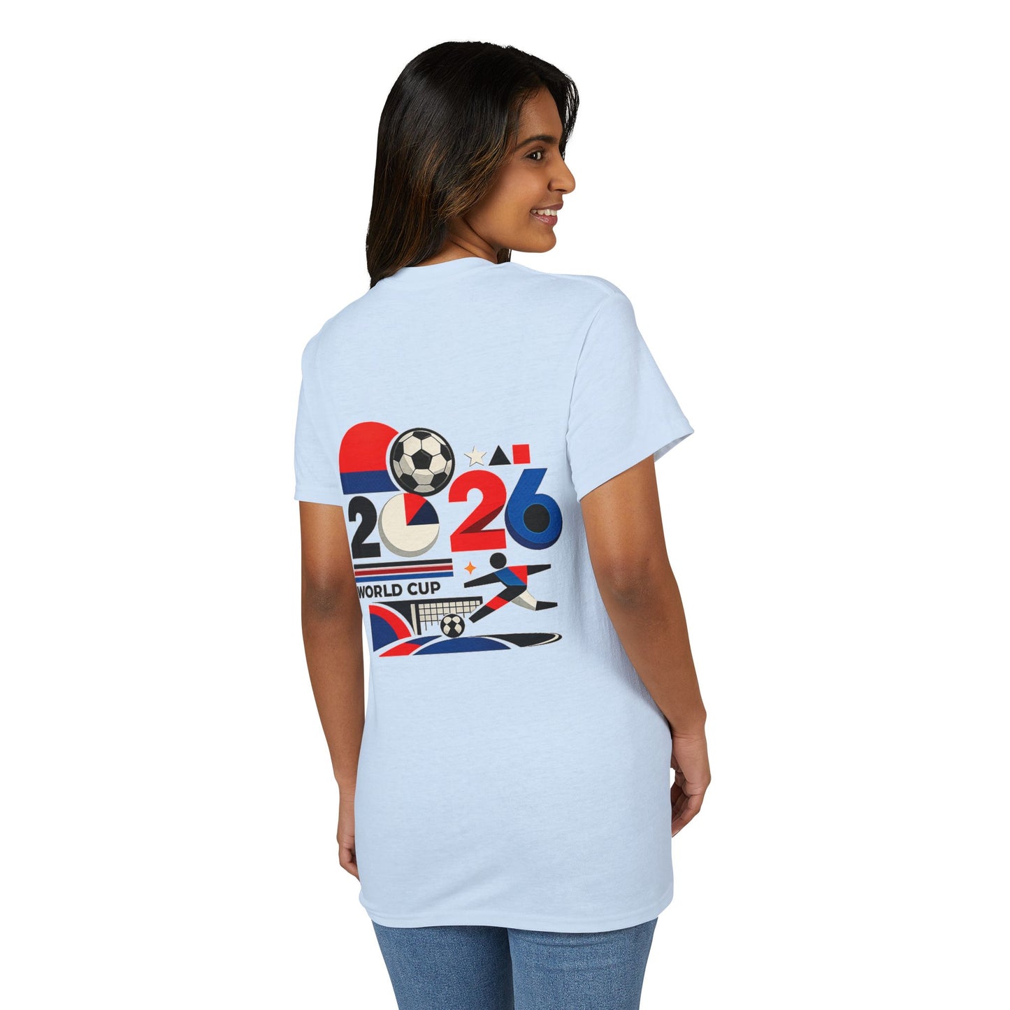 Female model wearing the light blue 2026 World Cup retro football T-shirt from the back.