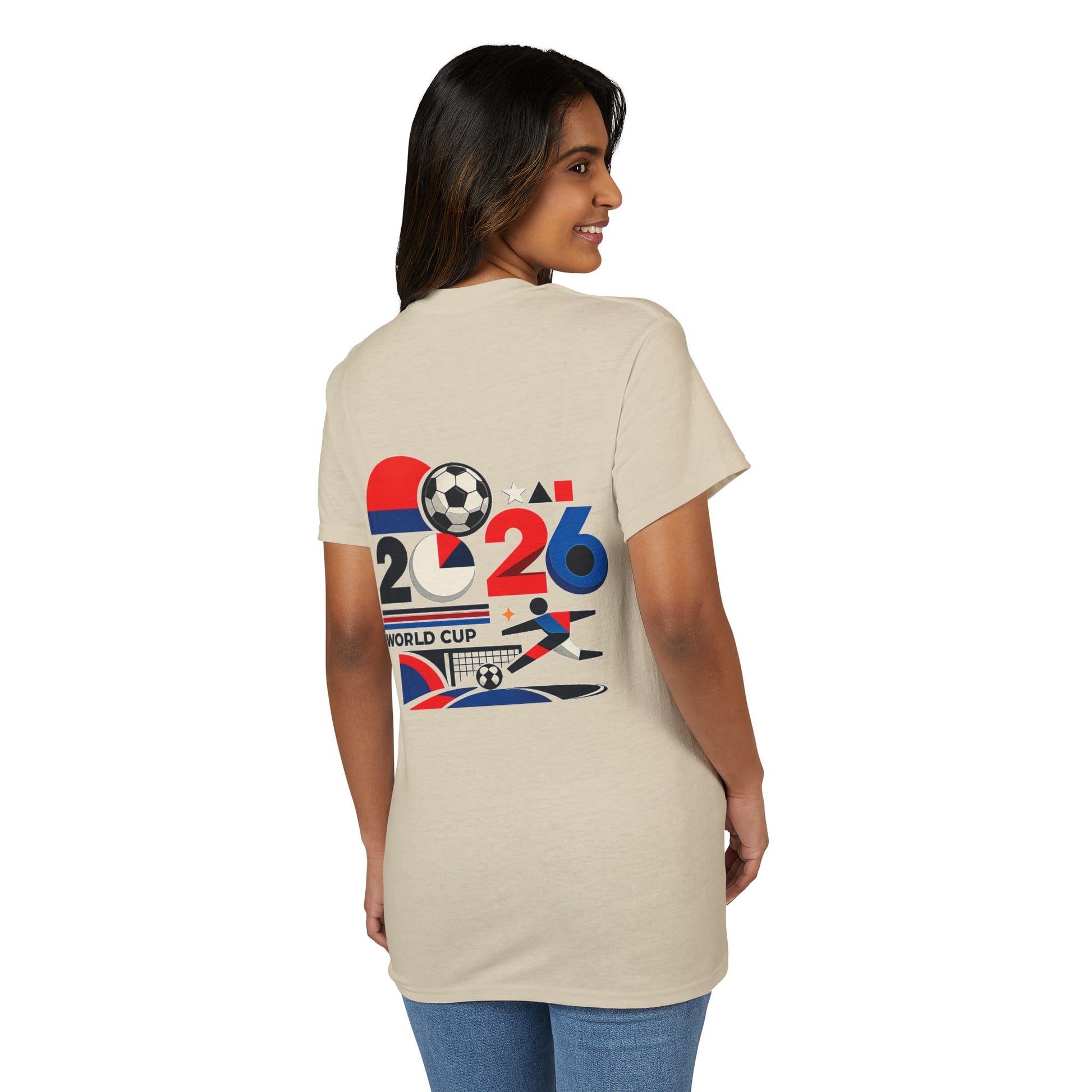 Female model wearing the sand-colored 2026 World Cup retro football T-shirt from the back.