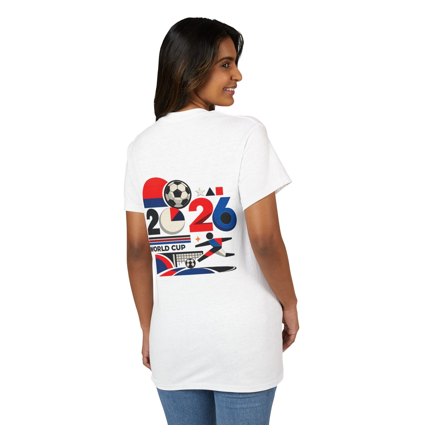 Female model wearing the white 2026 World Cup retro graphic football T-shirt from the back.