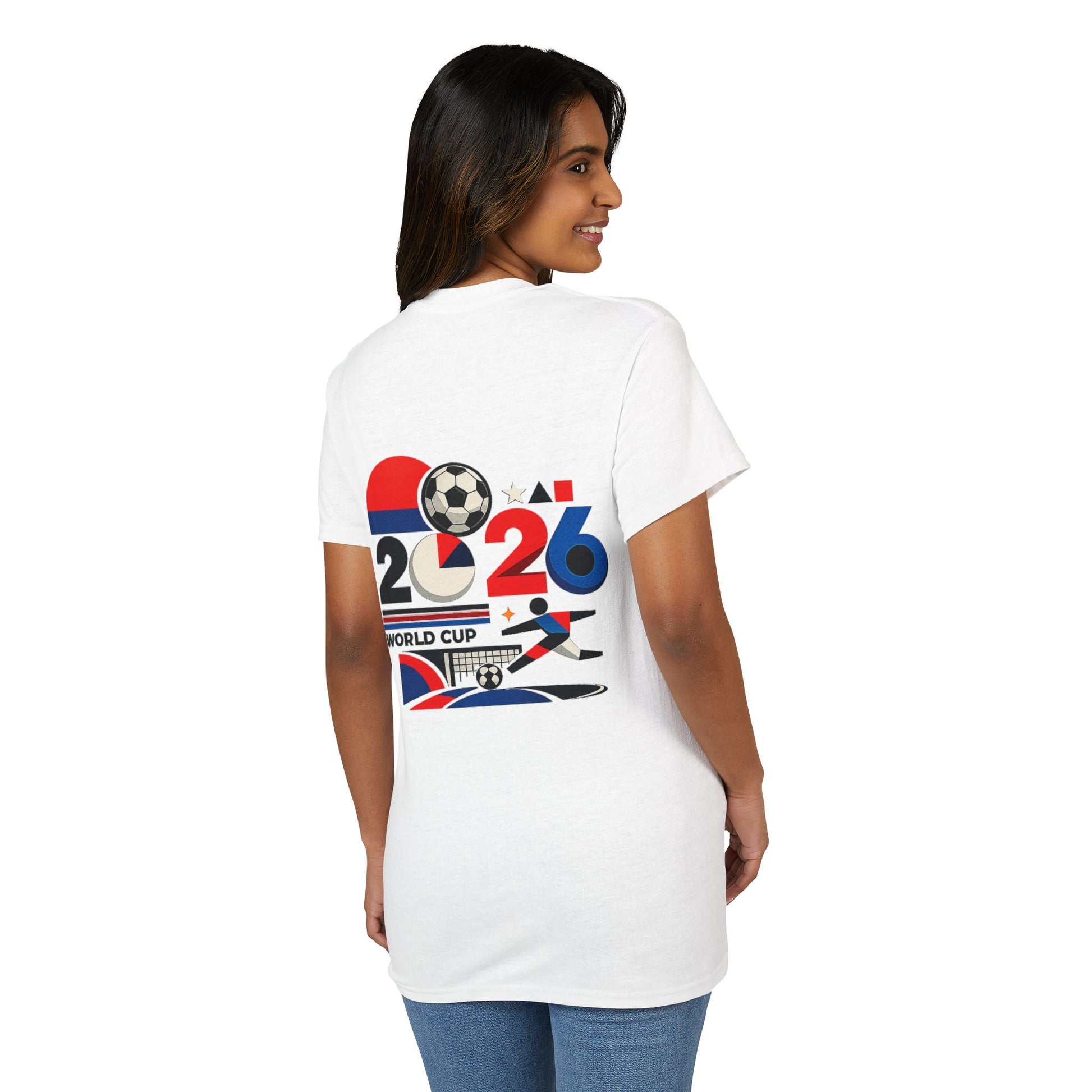Female model wearing the white 2026 World Cup retro graphic football T-shirt from the back.