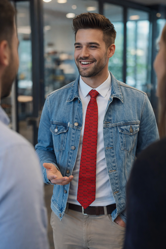 Man wearing a red hereto print legal necktie styled with a white shirt and denim jacket in a modern office