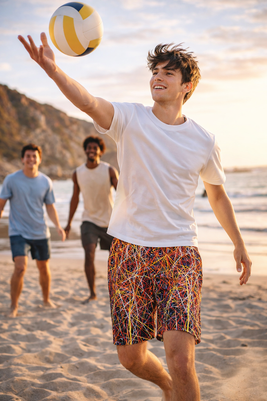 Man playing beach volleyball wearing Neon Chaos Shorts with colorful abstract splatter design