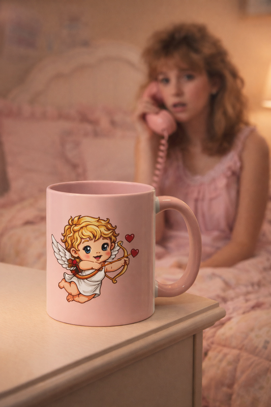 Pink Cupid cherub coffee mug on a table, with a person in the background holding a phone.