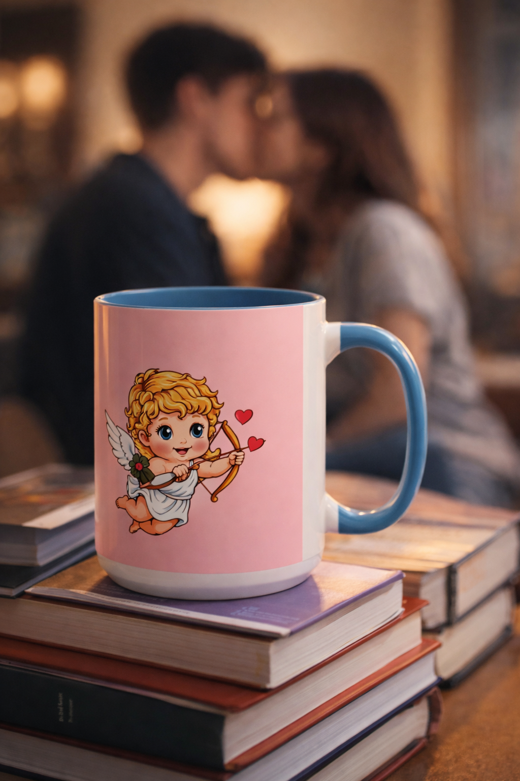 Cup with cartoon character on a stack of books with a blurred background of two people kissing.