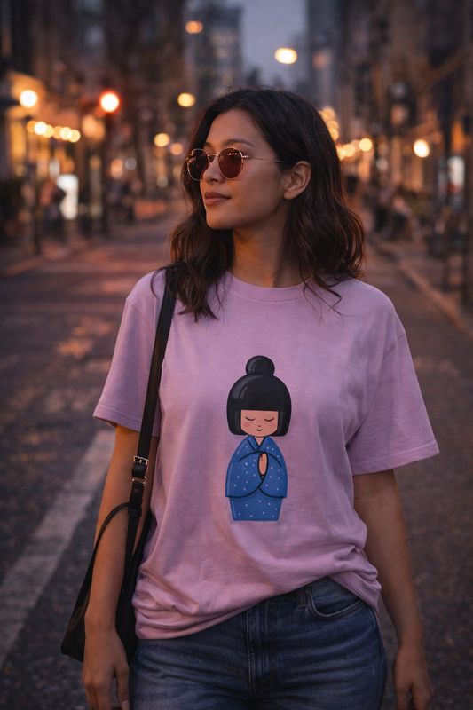 Woman wearing a pink t-shirt with a graphic design of a blue Geisha character on a city street at night.