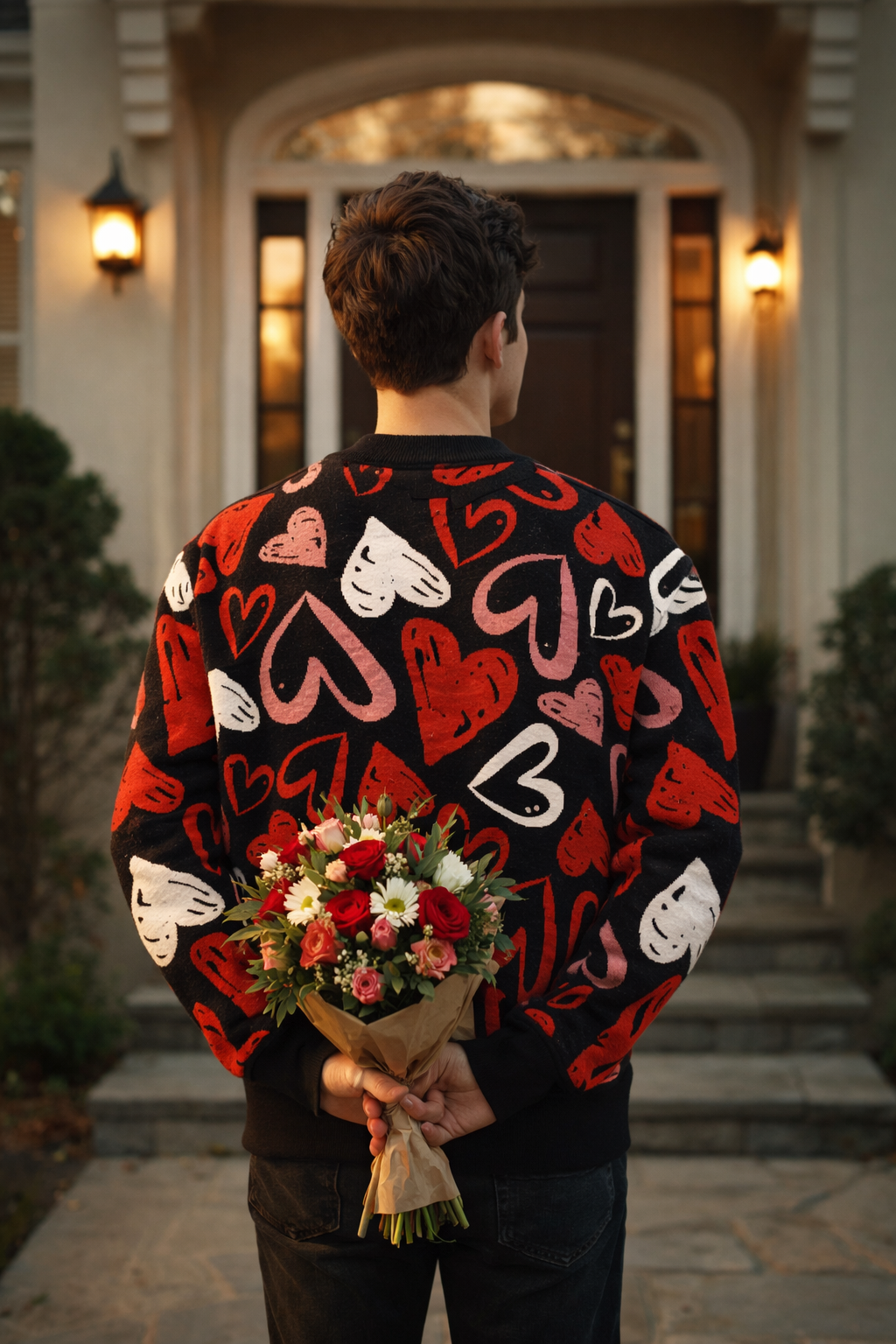 Unisex heart knit sweater worn outdoors from behind showing relaxed fit
