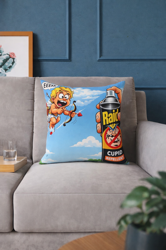 Throw pillow on a grey couch featuring a cartoon Cupid being sprayed with “Cupid Repellent” in a retro pop art style.