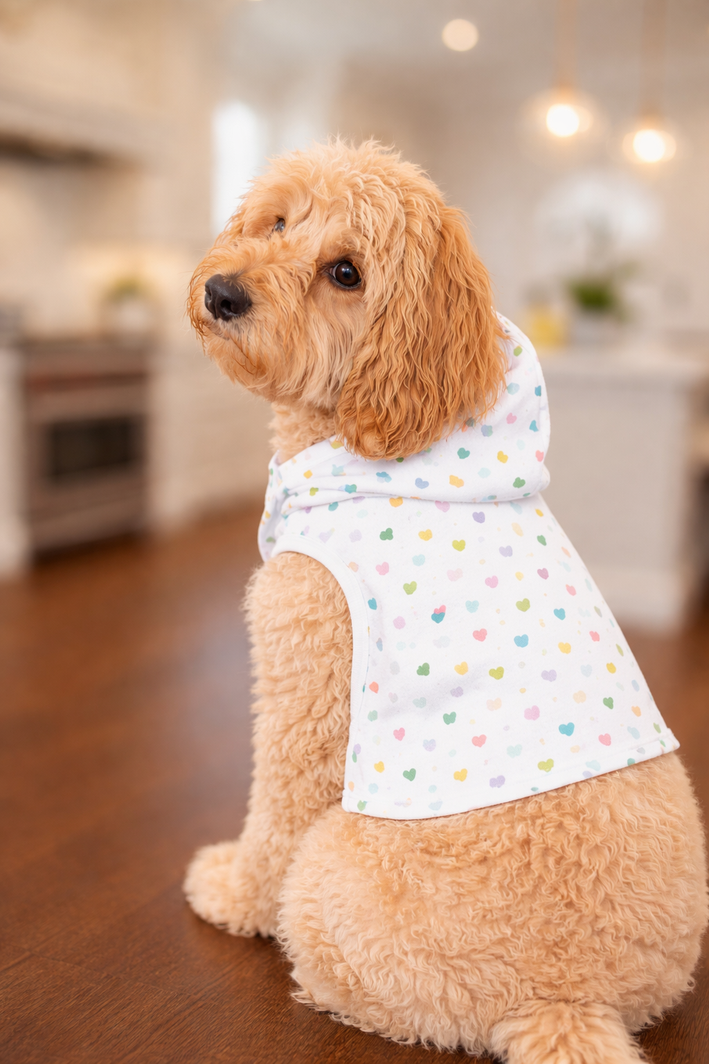 Dog wearing white colorful hearts pet hoodie sitting indoors lifestyle view