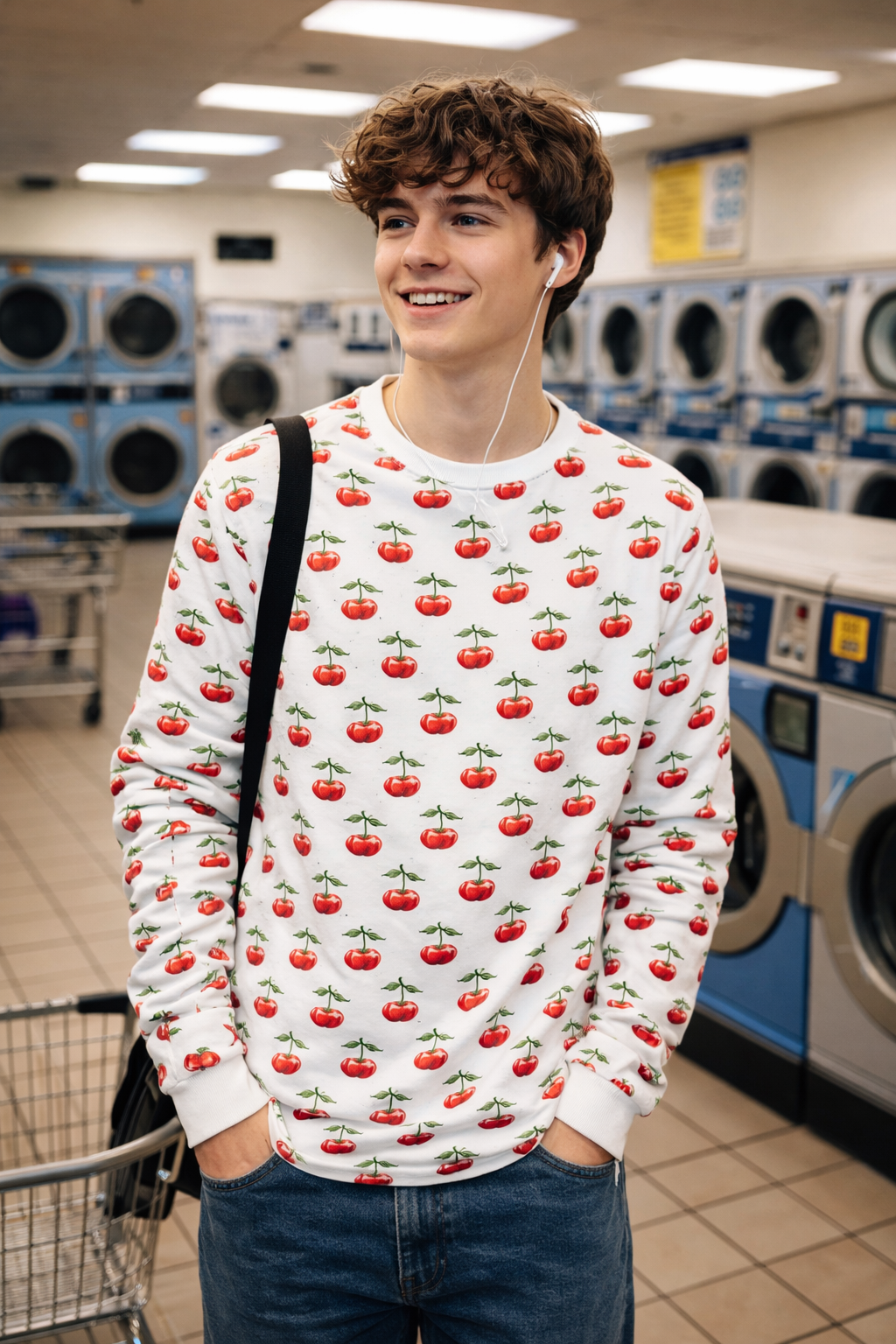 Model wearing the Sweet Cherry Unisex Sweatshirt in a laundromat, highlighting the unisex fit and playful cherry print