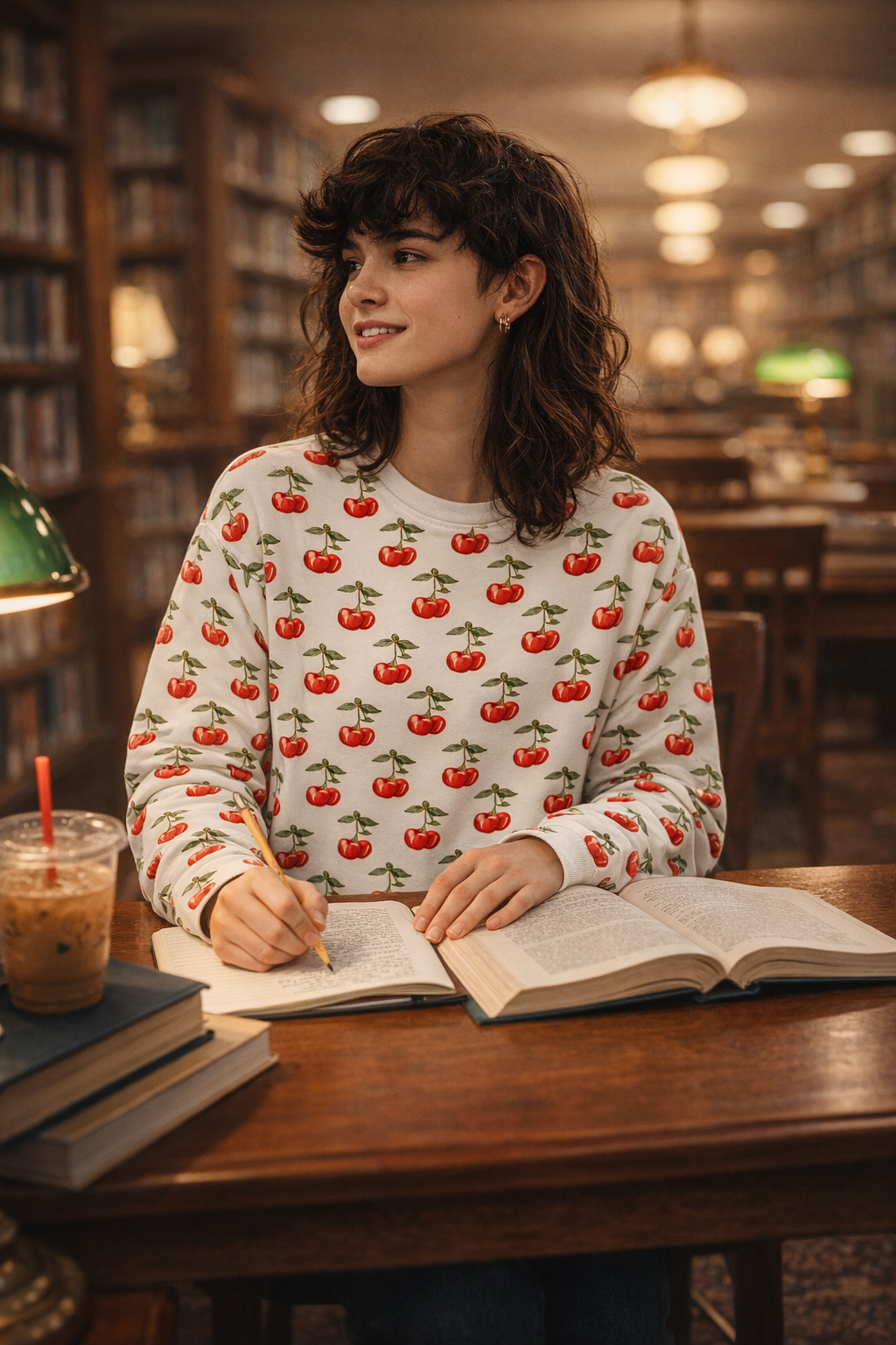 Model wearing the Sweet Cherry Unisex Sweatshirt while reading at a café, showing the all over cherry print and relaxed fit