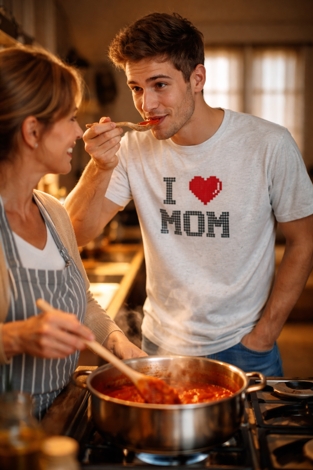 Man and woman cooking together in a kitchen, man wearing a 'I ❤️ MOM' shirt.