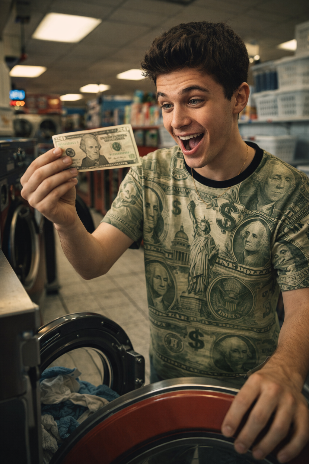 Man wearing a green dollar print t-shirt holding cash in front of laundry machine