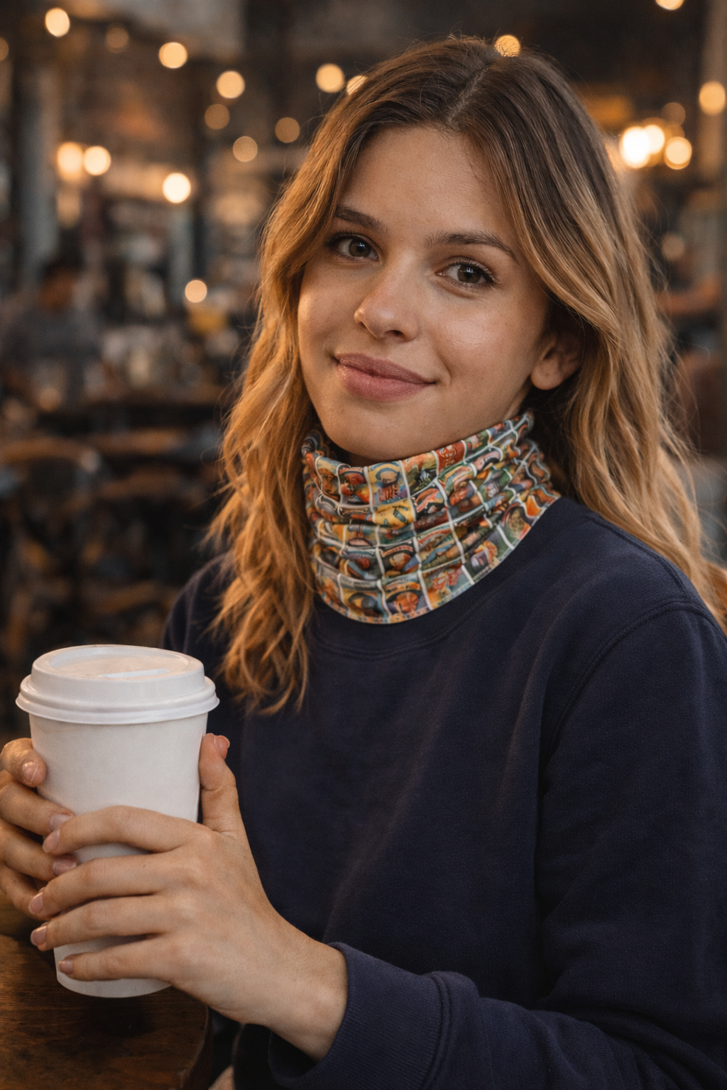 Woman wearing colorful retro trading card collage neck gaiter holding coffee outdoors