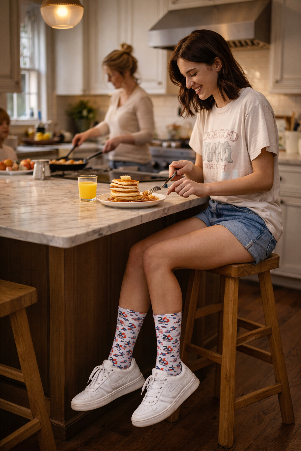 Soccer World Cup 2026 crew socks styled with everyday casual outfit in home kitchen setting
