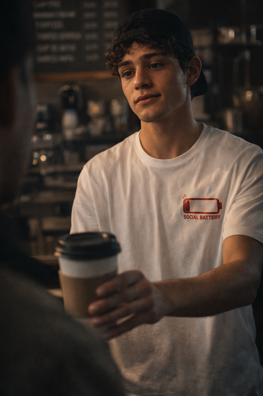 Man wearing social battery low unisex t shirt minimal introvert graphic holding coffee