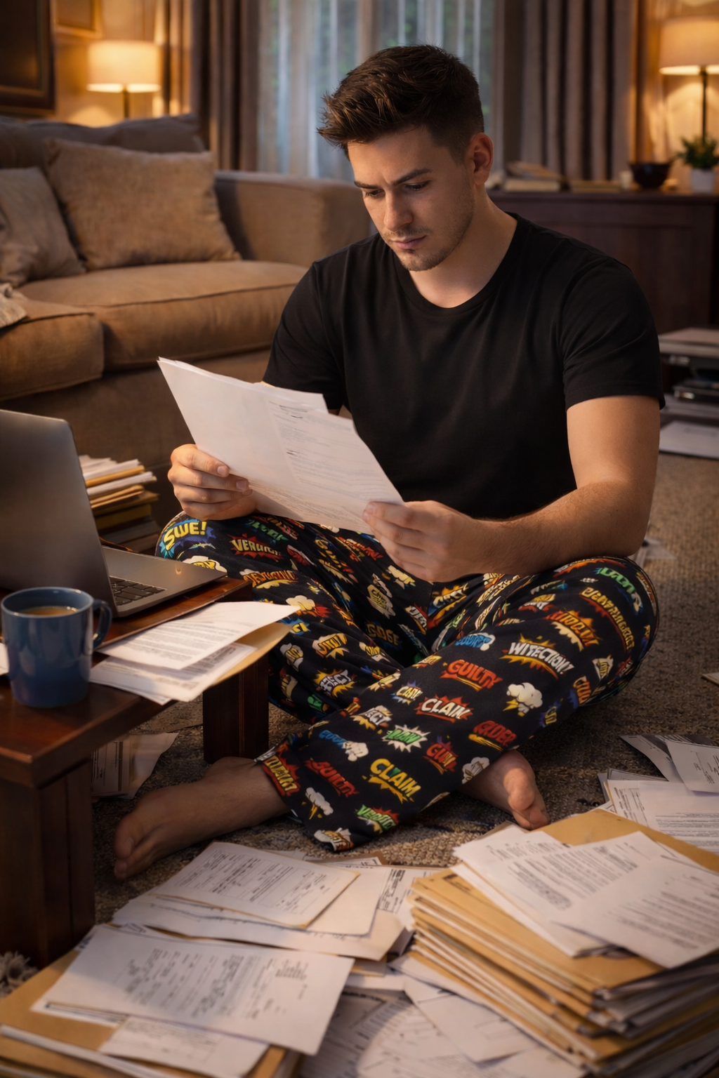 Man wearing funny lawyer pajama pants studying legal documents at home