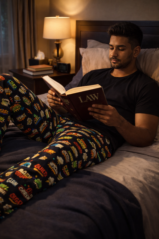 Man wearing legal pop art pajama pants reading law book while sitting on bed at home