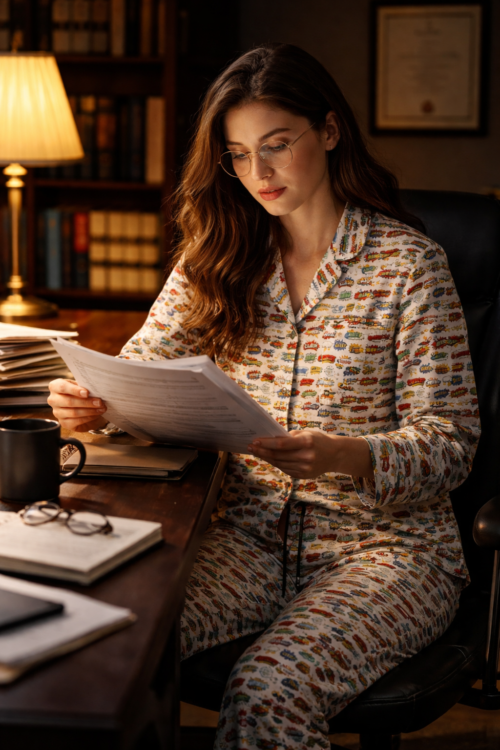 Woman wearing legal satin pajama set reading documents at desk at home