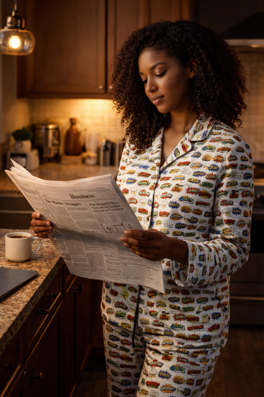 Woman wearing funny lawyer satin pajamas reviewing paperwork in kitchen