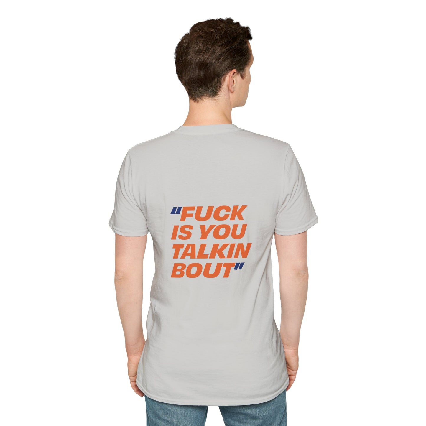 Man wearing light gray t-shirt showing large printed statement on the back