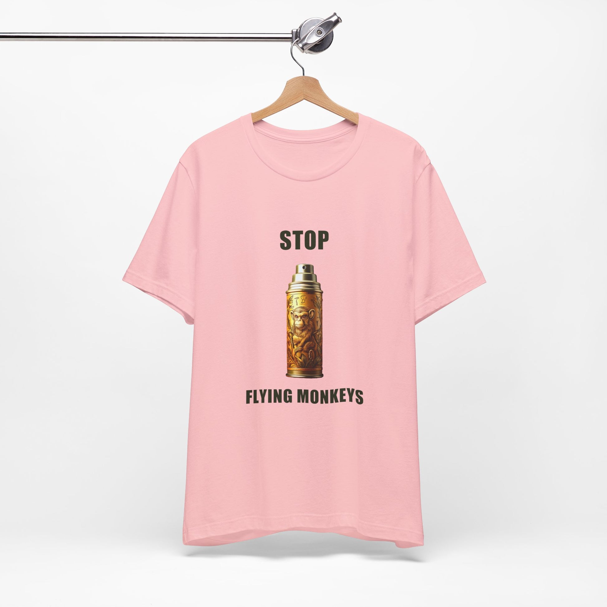 Pink Stop Flying Monkeys T-Shirt Alternate Version on hanger front view