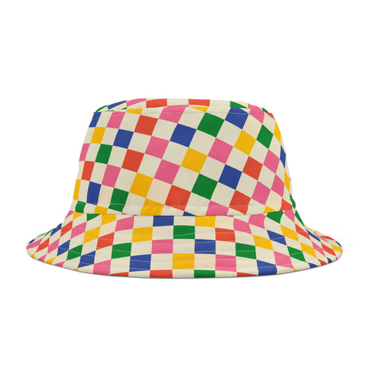 Front view of Colored Squares Bucket Hat with rainbow mosaic pattern.