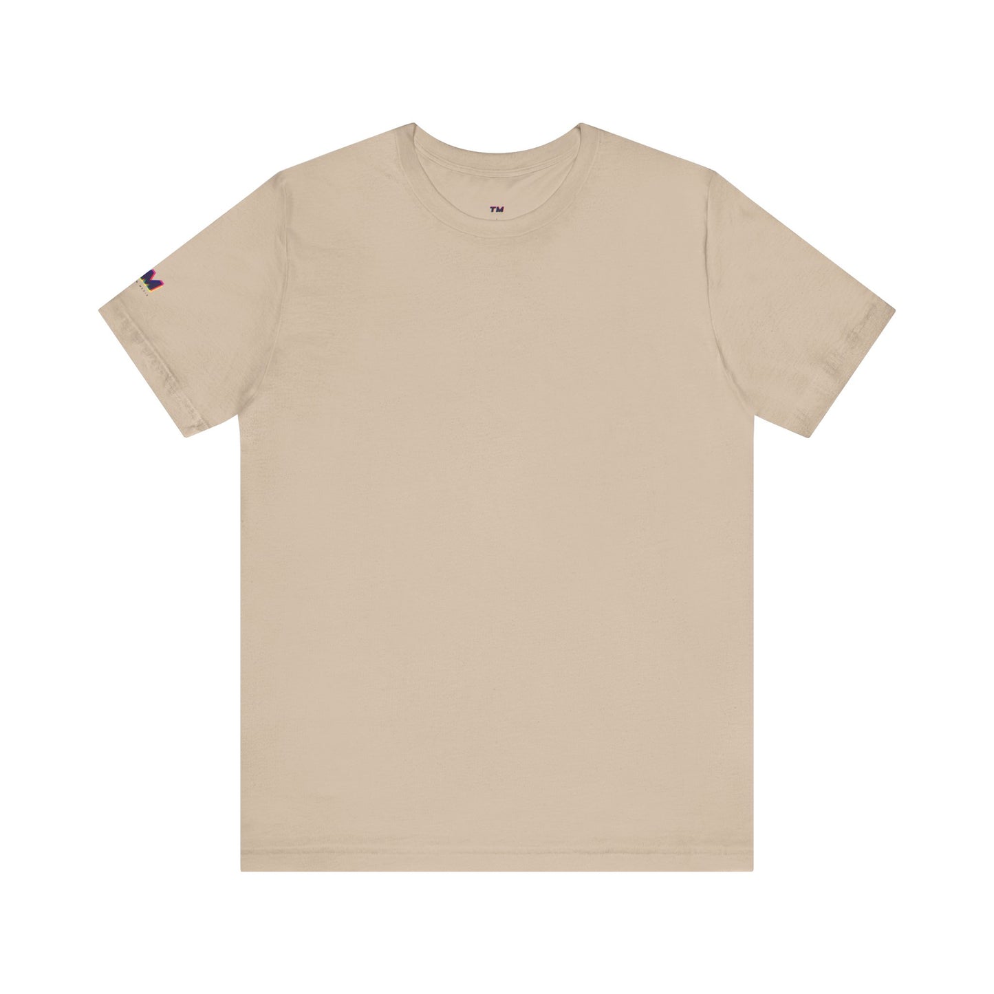Beige t-shirt with a small flag patch on the sleeve against a white background