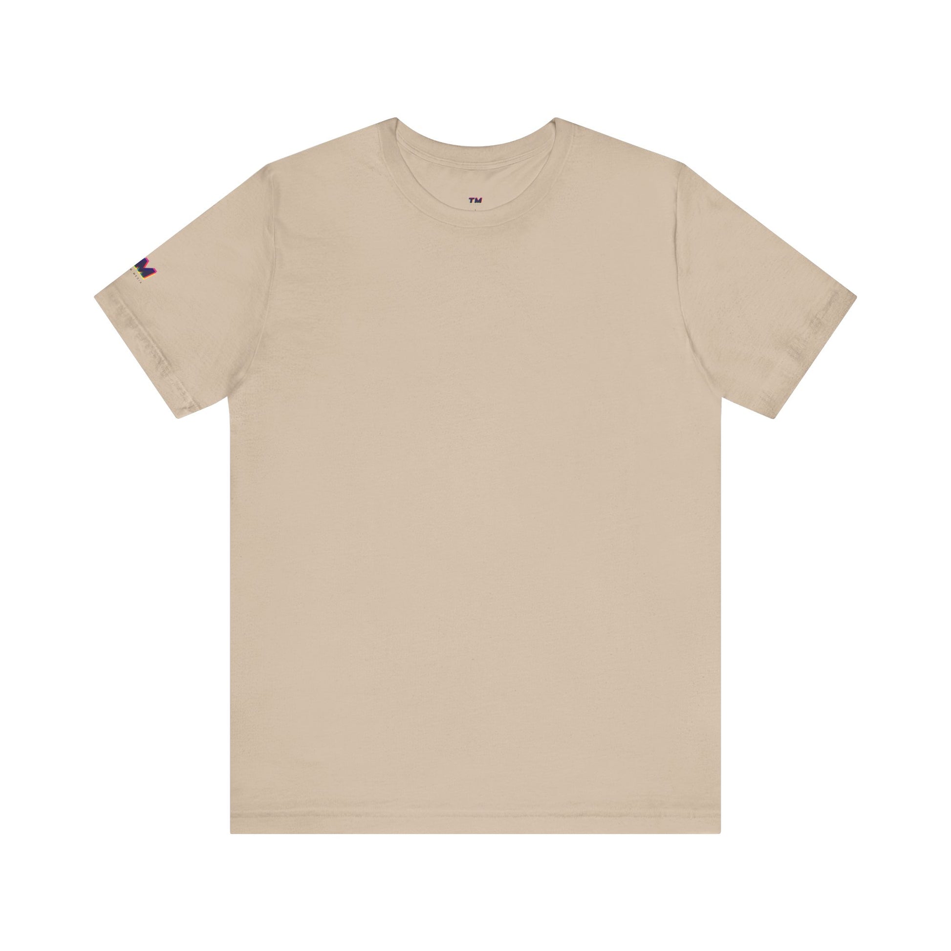 Beige t-shirt with a small flag patch on the sleeve against a white background